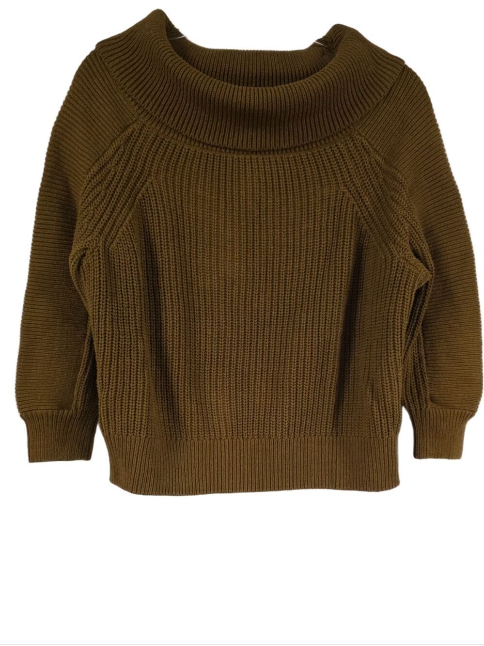 H&M Chunky Cowl Neck Ribbed Knit Cropped 3/4 Sleeve Sweater Ochre - Size Small
